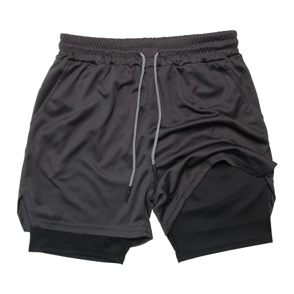 Men'S Double Layer Fitness Shorts Men Fitness Gym Training 2 in 1 Sports Shorts Quick Dry Workout Jogging Double Deck Summer